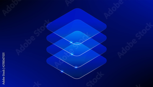 A minimalist digital illustration featuring a stack of glowing blue translucent square layers arranged in a vertical isometric formation against a dark background