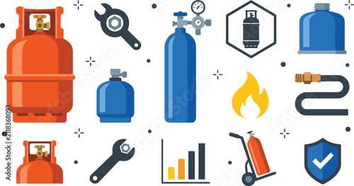 Gas cylinder and LPG equipment collection featuring propane tanks, gas regulator, hose, torch, safety shield, and industrial fuel supply flat vector illustration