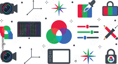 Color grading and digital imaging icon collection featuring RGB color wheel, camera, editing tools, color correction, and creative design workflow flat vector illustration