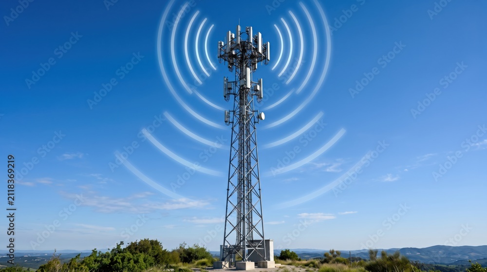 Obraz premium Telecommunications tower on hilltop transmitting wireless signals against blue sky, representing 5G mobile network connectivity, radio frequency transmission and global