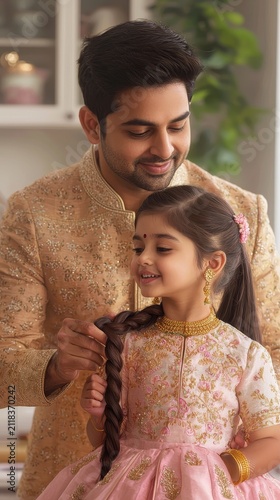 Indian Father Braiding Hair of Daughter in Cozy Indoor Setting with Warm Family Moment