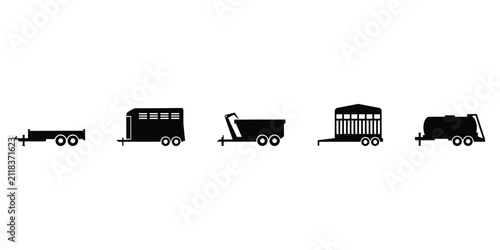 Set of black silhouette featuring various utility trailers and livestock transport vehicles for agricultural and industrial use