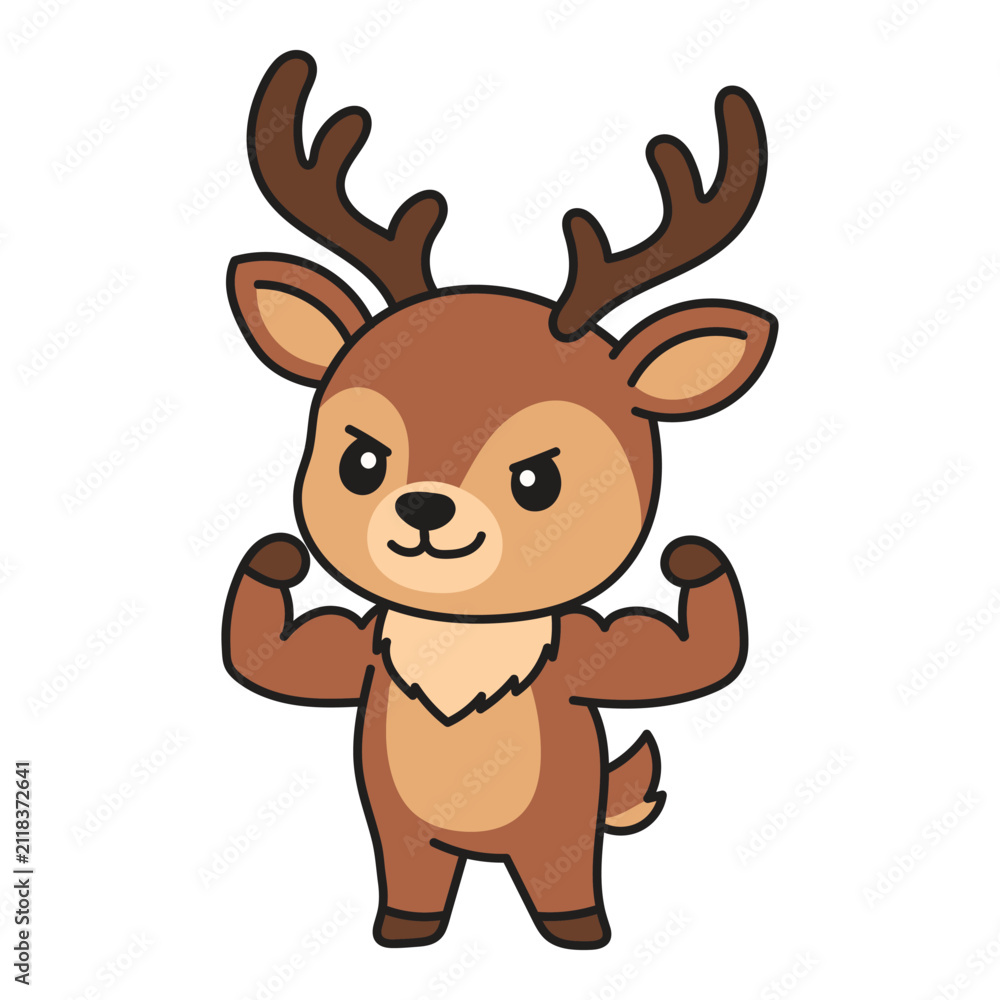 Obraz premium Cute muscular deer cartoon mascot flexing arms in kawaii vector style illustration.