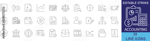 Accounting and financial bookkeeping audit business line icon set. Vector symbols for calculator, tax report, ledger balance sheet, invoice bill, and financial audit.