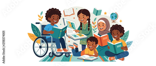 Diverse children reading books together, one in a wheelchair