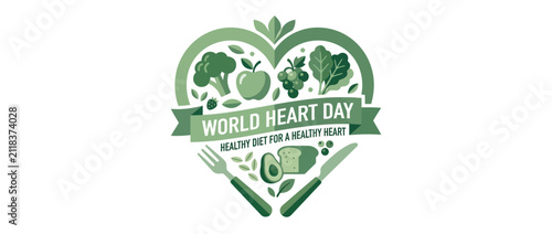 Healthy Heart Symbol with Fruits, Vegetables, and Utensils