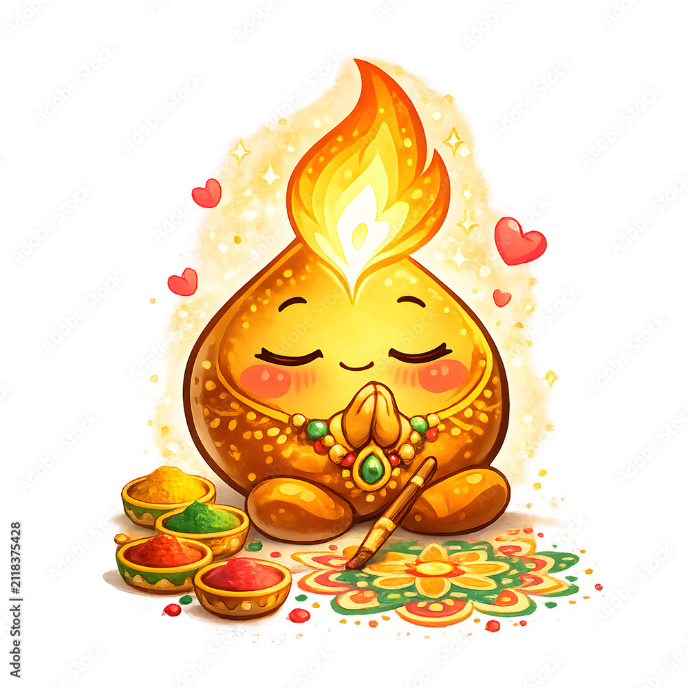 Naklejka premium Diwali Celebration Character: A cute, anthropomorphic flame character adorned with jewelry and prayer hands sits amidst colorful powders and a rangoli design.
