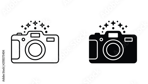 Foto Professional photography camera icon set with sparkling lens effect in line and