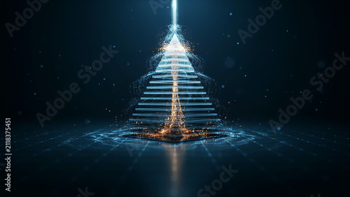 Glowing digital pyramid structure with a central vertical light beam, emitting particles against a dark blue grid background