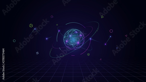 Glowing digital sphere with orbital rings and floating geometric shapes on a dark perspective grid background