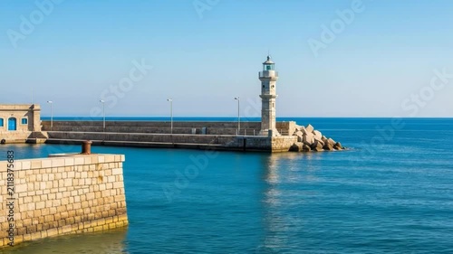 Historical stone lighthouse standing on the edge of a harbor breakwater wall