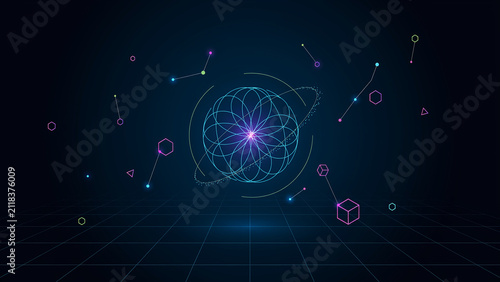 Futuristic digital sphere with interconnected geometric nodes and glowing orbital rings on a dark grid background