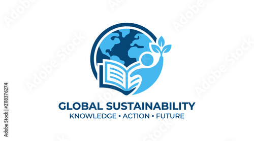 Global Sustainability Logo with Earth, Book, and Human Figure.