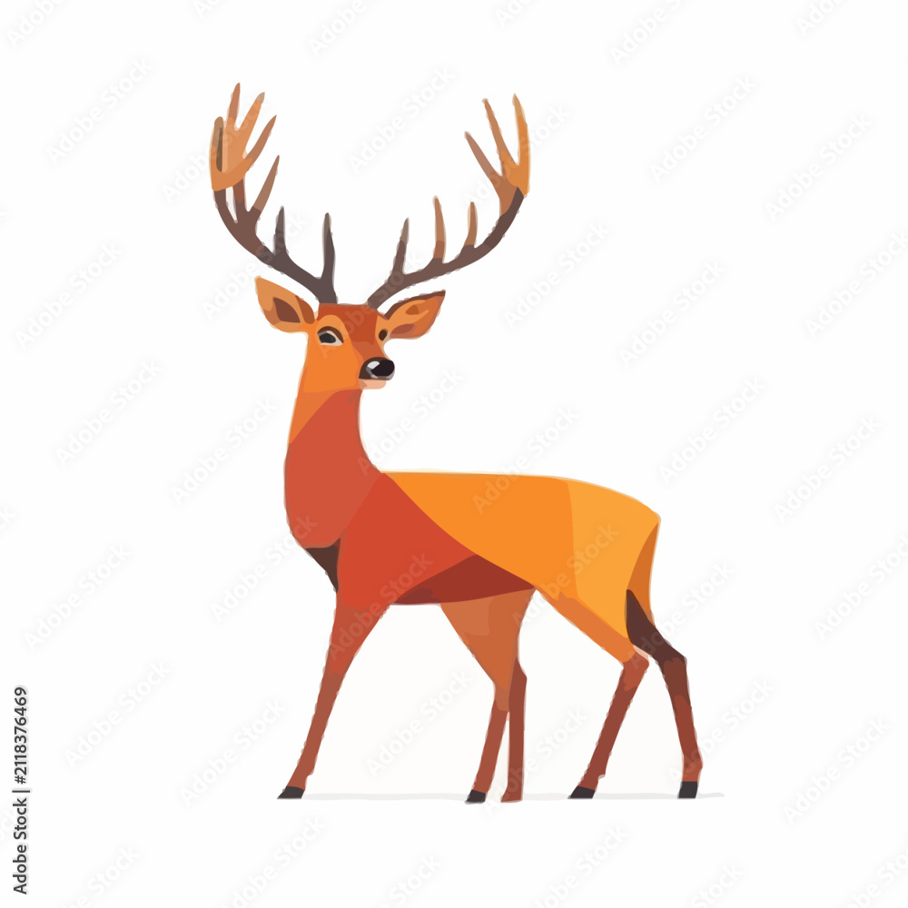Obraz premium Stag vector art featuring sharp antlers and geometric orange shading on a plain white background.