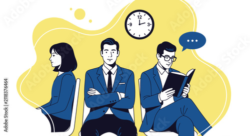 Fotografie Business people sitting in waiting room area under clock with man reading book and woman looking away for interview and time management vector illustration