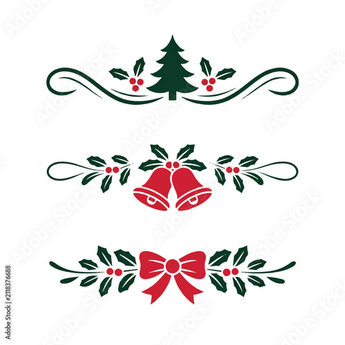 Set of three decorative christmas borders featuring pine trees jingle bells and red bows with holly sprigs for seasonal holiday cards.