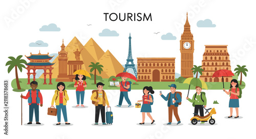 A vibrant illustration depicting various famous landmarks from around the world, with people engaging in tourism activities. The scene showcases a global celebration of travel and culture
