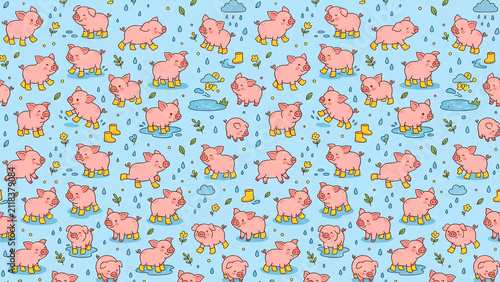Seamless pattern with cute cartoon pigs on a blue background.