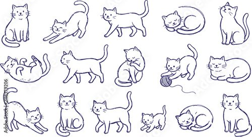 Cute cat doodles set vector.