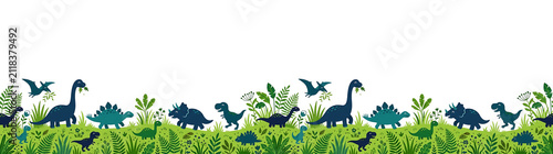 Cute cartoon dinosaurs with lush green plants and flowers in a repeating border illustration
