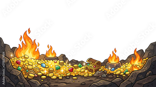 Treasure hoard with gold coins. precious gems. and an open chest. illuminated by firelight in a ca