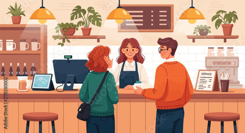 Fotografie People ordering coffee at cafe counter with barista serving beverages in modern shop interior lifestyle flat vector design illustration for customer service