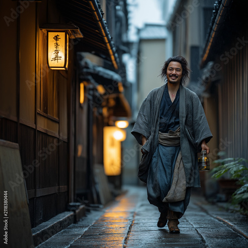 Man walking down a lantern-lit alley at night / cinematic still
