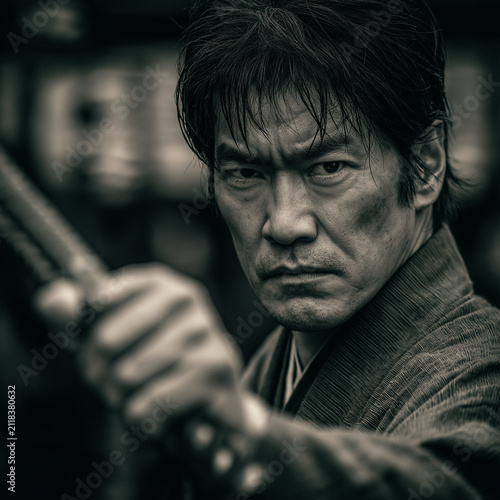 Rugged samurai warrior portrait in armor / cinematic still
