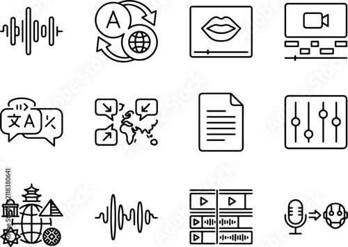 Foto Video translation and localization line icons, set of 12 vector symbols for glob