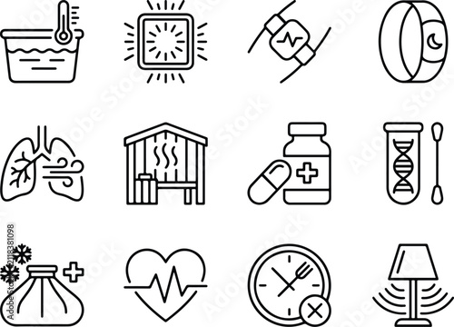 Biohacking and wellness line icons set, health optimization and longevity symbols, 12 vector elements for medical and fitness apps