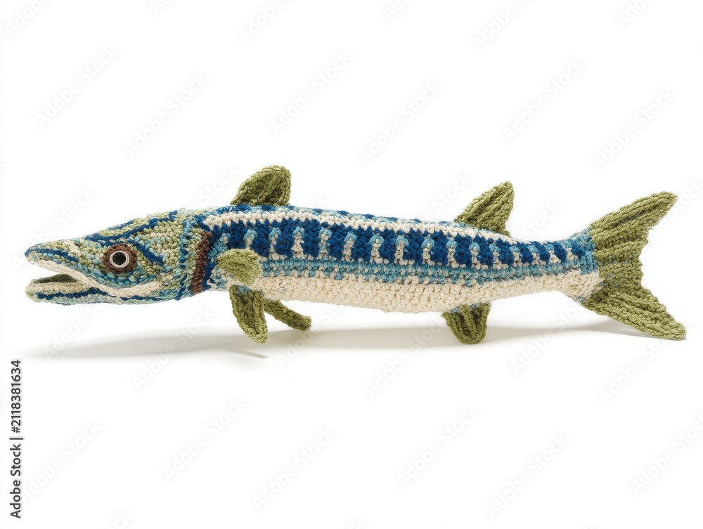 Fototapeta premium Handmade Crocheted Barracuda Fish Plushie On A Clean White Background Highlighting Texture Details