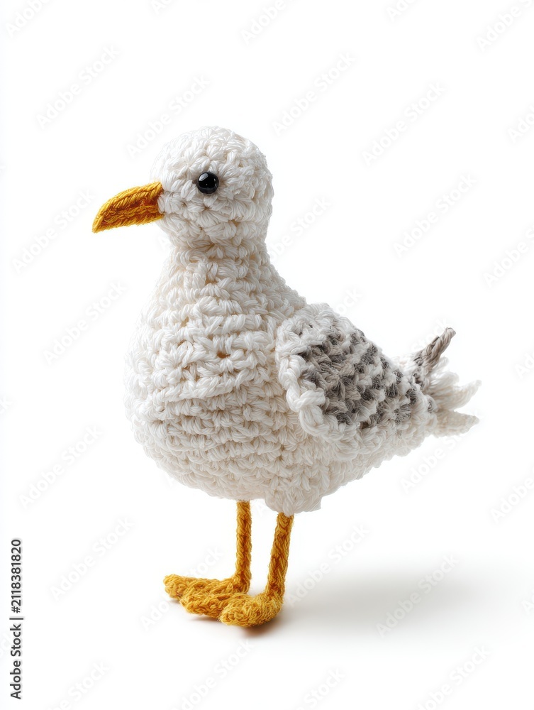 Obraz premium Handmade Crocheted White Seagull Figurine With Yellow Beak Standing On White Background
