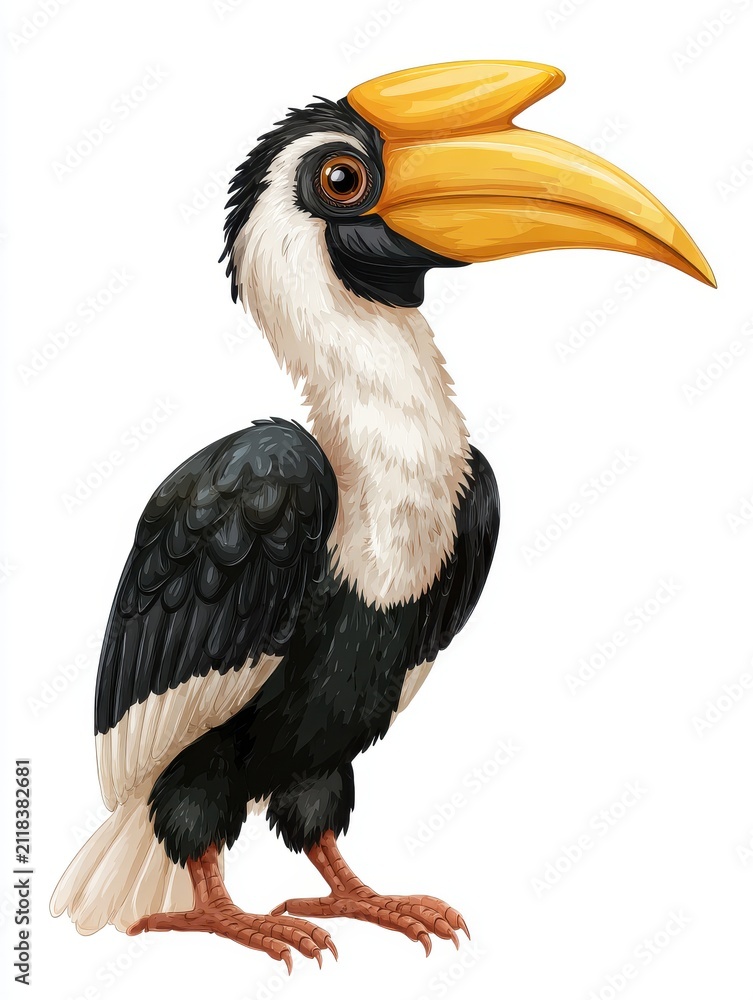 Obraz premium Illustration Of A Tropical Hornbill Bird With A Large Yellow Beak On A Plain White Background