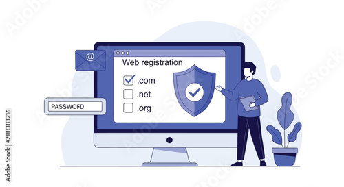 Konstfotografi Web registration form showing domain name selection with checkmark on blue screen while male professional points to security shield and password field bar