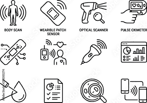 Medical technology line icons set, digital healthcare and wearable sensor devices, 12 vector symbols for body scan and pulse oximeter