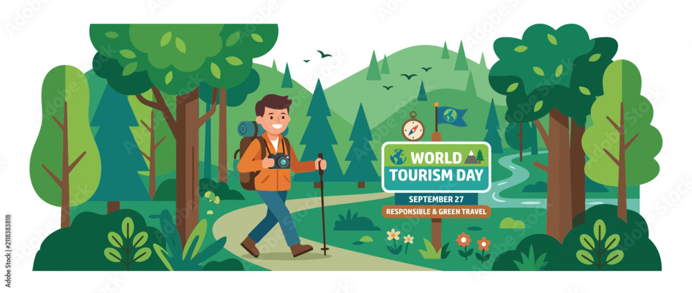 Fototapeta premium Happy Hiker with Camera in Lush Green Forest Landscape