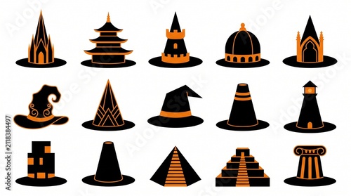 Set of fifteen different stylized witch hats with magical patterns and dark gothic aesthetic isolated on white background