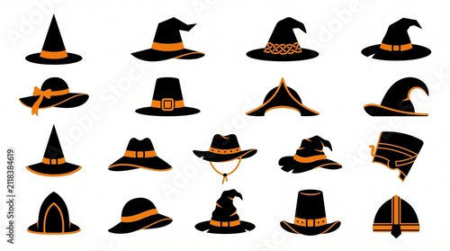 Collection of various witch hats for halloween celebration isolated on a white background for creative design projects