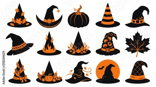 Set of various halloween witch hats and autumn themed decorations isolated on a plain white background
