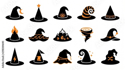 Collection of various black witch hats with magical elements for halloween celebration and fantasy costume design projects