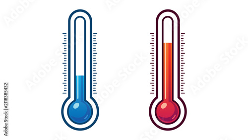 Thermometer icons with cold and hot temperature levels in flat design.
