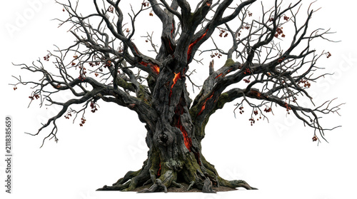 Old spooky dead tree with glowing red magma cracks and dry branches isolated on transparent background