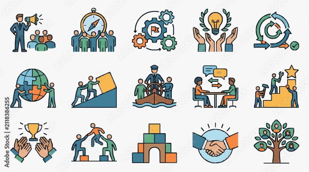 Fototapeta premium Modern Colorful Illustrations of Teamwork Leadership and Business Growth Concepts with Flat Design Icons