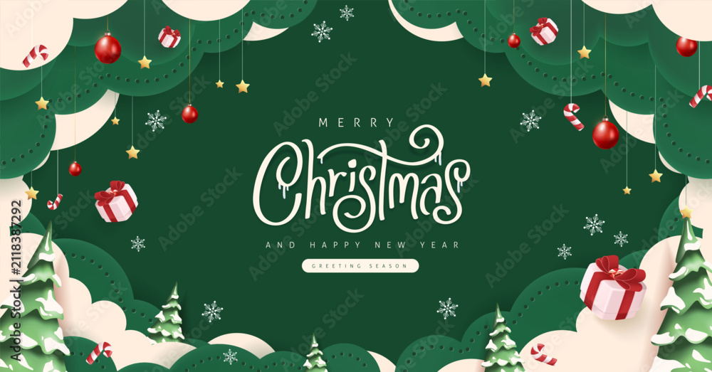 Obraz premium Merry Christmas and Happy New Year greeting card banner in paper art style with snowy winter landscape, and copy space for holiday celebration background