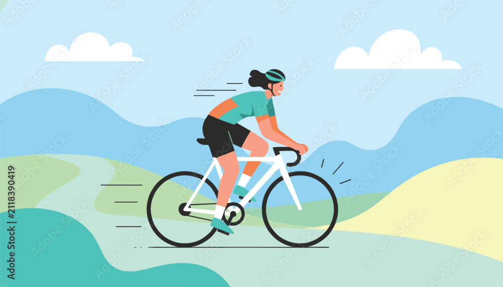 Fototapeta premium Energetic woman wearing a helmet rides a white bicycle along a winding path in a scenic mountain valley.