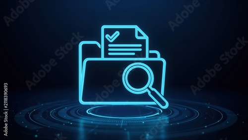 Digital document search and audit concept with neon folder icon on blue technological background