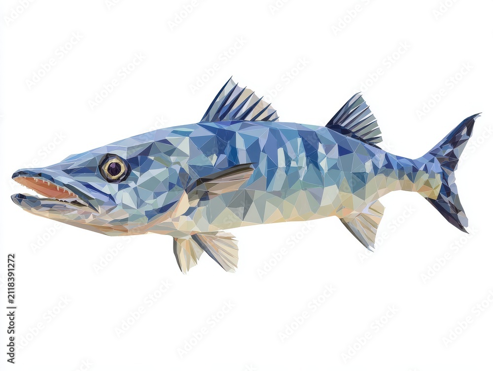 Fototapeta premium Low Poly Geometric Barracuda Fish Isolated On White Background With Blue Tones Digital Art Graphic