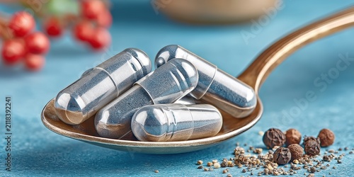 Enhancing metabolism with nutrition closeup of omega capsules on spoon for supplement awareness