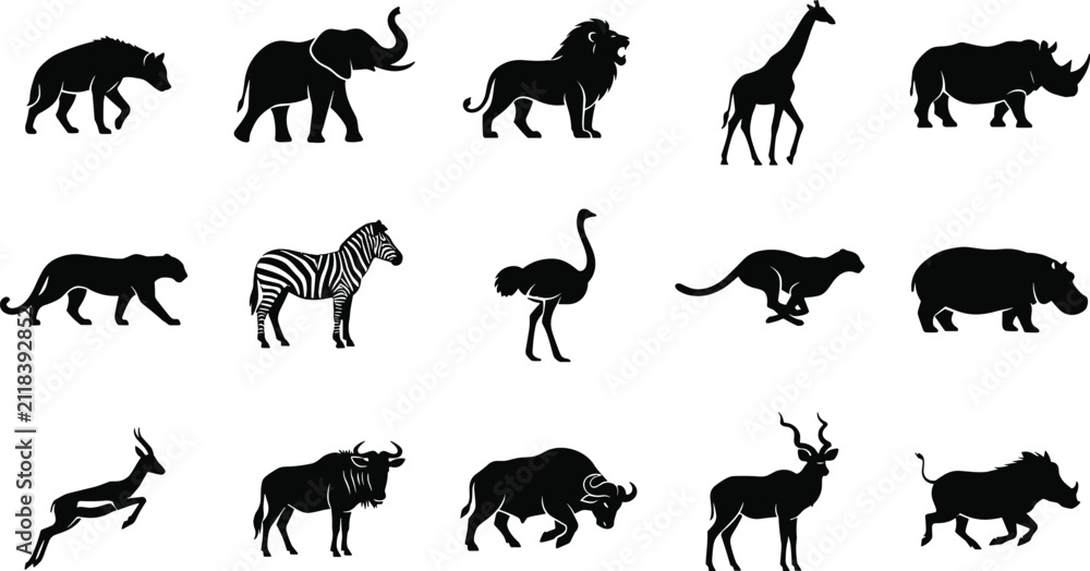 Fototapeta premium African safari animal silhouettes collection vector icon set with elephant lion giraffe zebra and rhino isolated on white background for graphic design