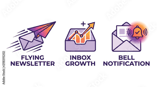 Modern minimalist flat vector illustration set of email marketing logos featuring a newsletter paper plane speed sending isolated white background.
